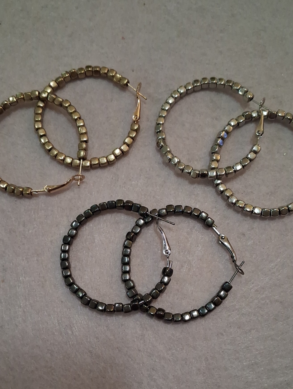257- Beaded Hoop Earrings Set - Gold, Silver, and Gunmetal